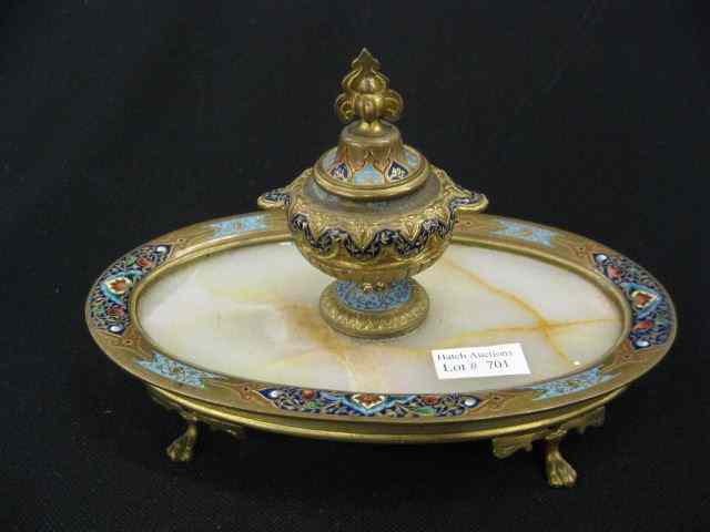 Appraisal: French Champleve Bronze Inkstand onyxinsert footed circa oval '' x