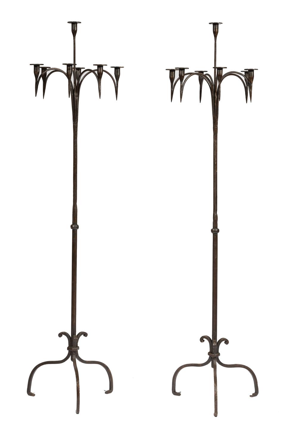 Appraisal: Pair of Gothic-Style Wrought Iron Seven-Light Floor Candelabra cabriole legs