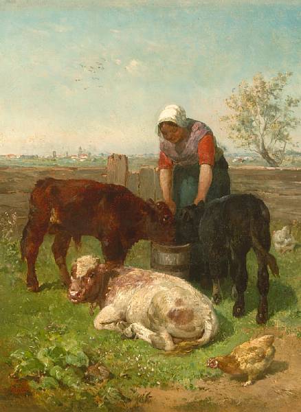 Appraisal: Constant Troyon French - Tending the calves signed indistinctly and