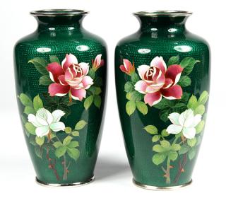 Appraisal: Pair of Japanese Green Ginbari Cloisonne Vases Pair of Japanese