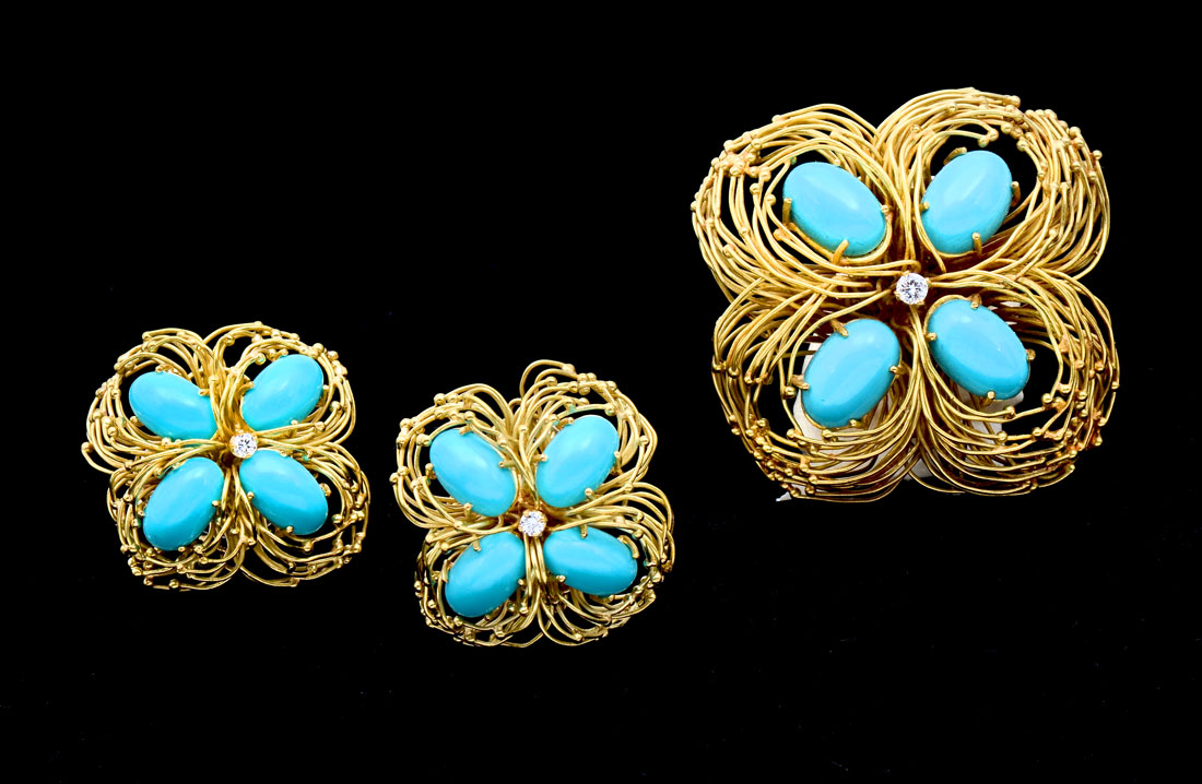 Appraisal: ITALIAN STYLIZED K TURQUOISE EARRINGS BROOCH WITH DIAMONDS K yellow