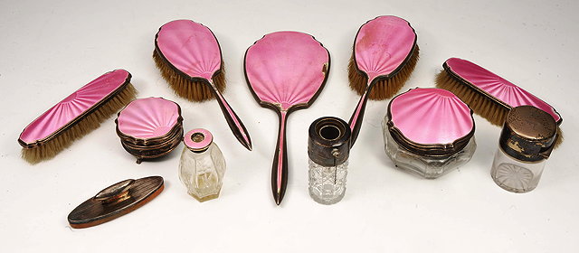 Appraisal: A SILVER AND PINK ENAMEL BACKED PART DRESSING TABLE SET