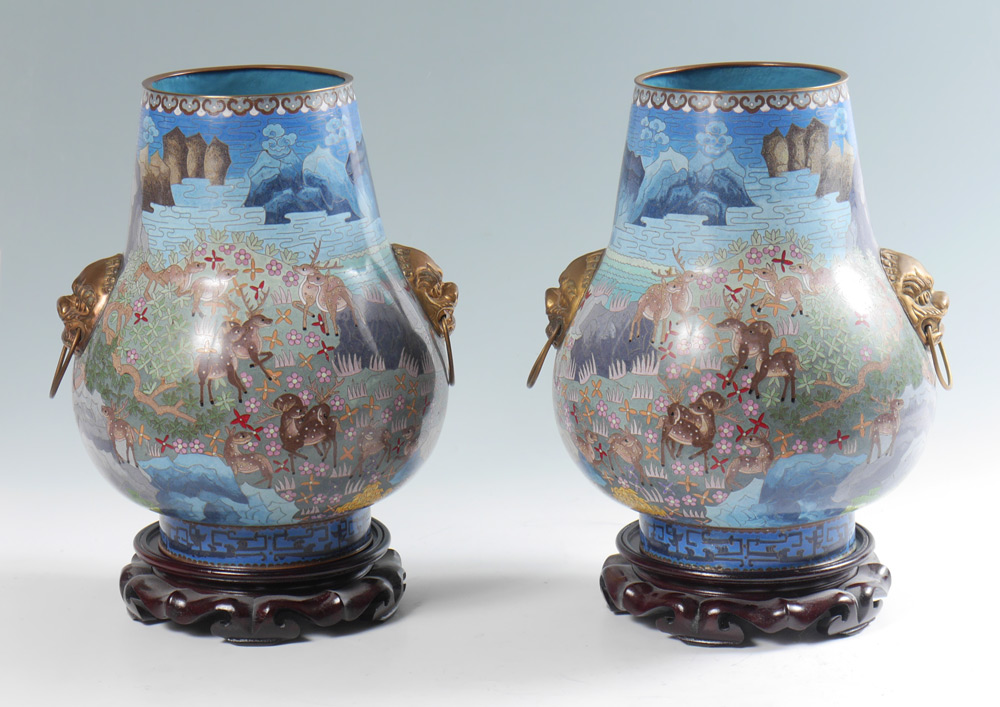 Appraisal: PAIR LARGE BULBOUS CLOISONNE VASES Each with deer in landscape