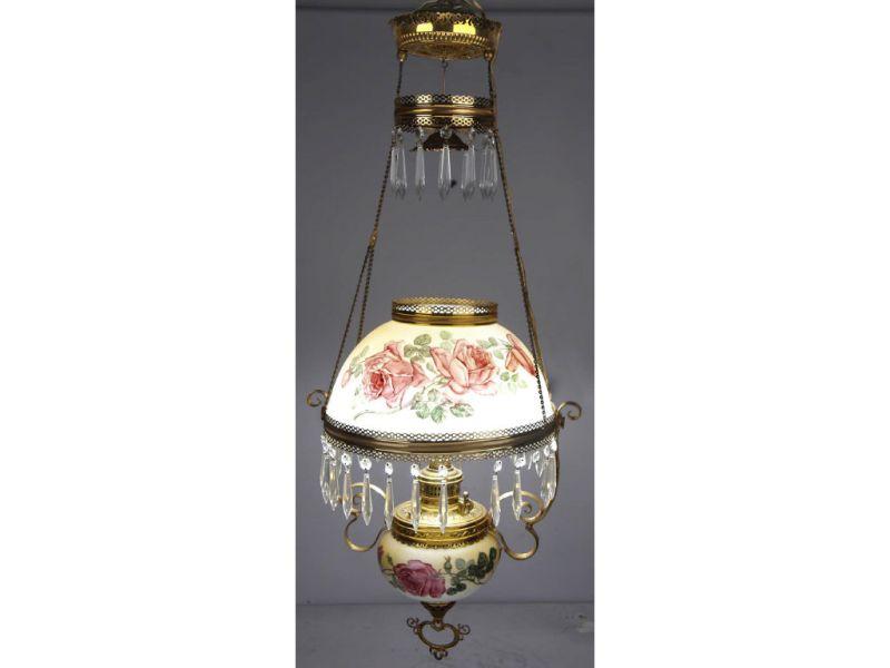 Appraisal: Victorian Hanging Lamp with Red Roses Description '' Shade Condition