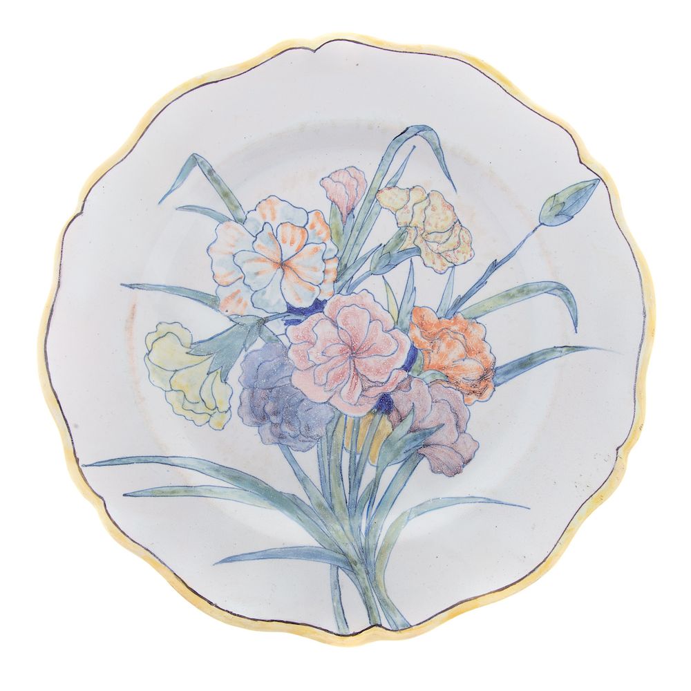 Appraisal: Porquier Beau Quimper Botanical Carnations Plate circa scalloped edge with