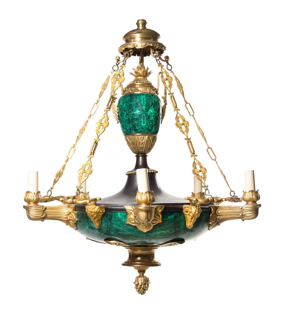 Appraisal: A French Neoclassical Gilt Bronze and Malachite Chandelier A French