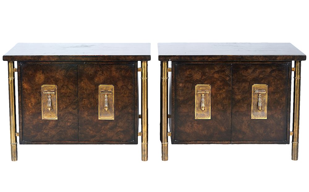 Appraisal: Pr Mastercraft Side Tables by William Doezena Mastercraft burl wood