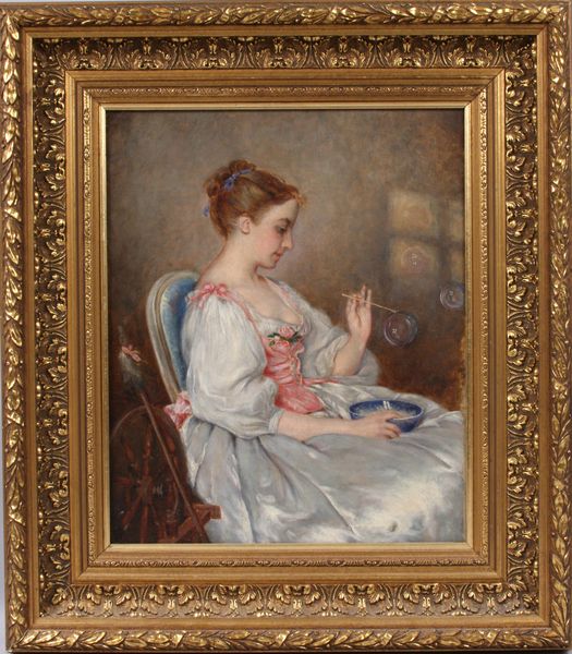 Appraisal: Portrait of young woman blowing bubbles o c th Century