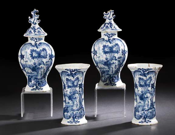 Appraisal: Good Four-Piece Dutch Blue-and-White Delftware Mantel Garniture in Landscape decor