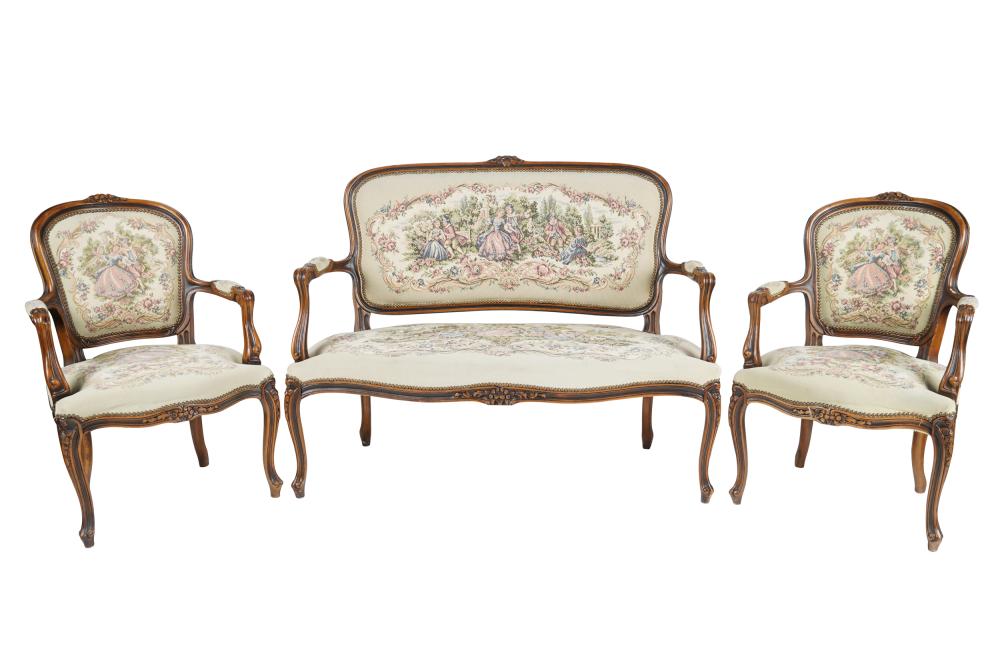 Appraisal: LOUIS XV STYLE SALON NEEDLEPOINT UPHOLSTERED SUITEcomprising a settee and