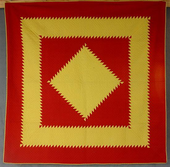 Appraisal: Feathered Star Quilt Late th Century Red and yellow feather