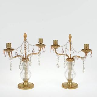 Appraisal: Pair signed Parisian crystal and bronze candelabra Early th c