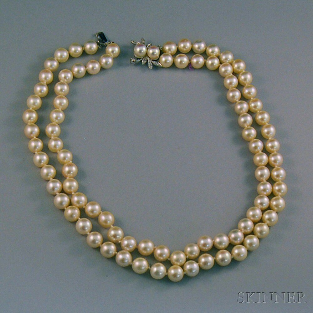 Appraisal: Double-strand Cultured Pearl Necklace completed with kt white gold diamond