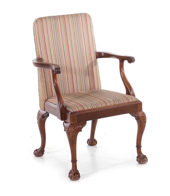 Appraisal: Queen Anne style upholstered and carved mahogany armchair early th