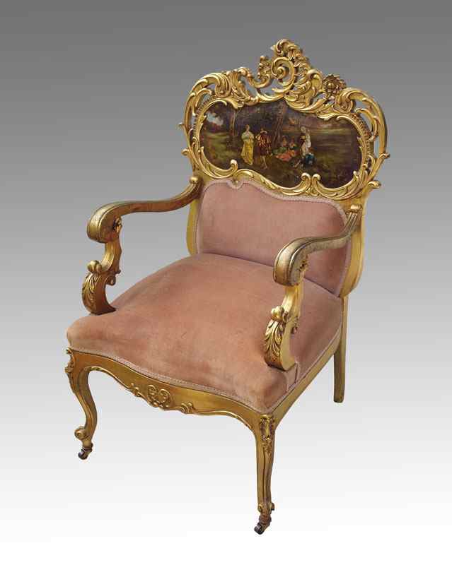 Appraisal: ITALIAN GILT WOOD AND PAINTED CHAIR Carved foliate scroll back