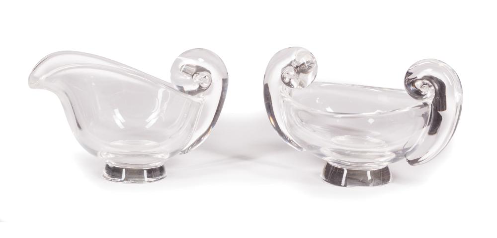 Appraisal: Steuben Glass Snail-Scroll Sugar Bowl and Cream Pitcher etched marks