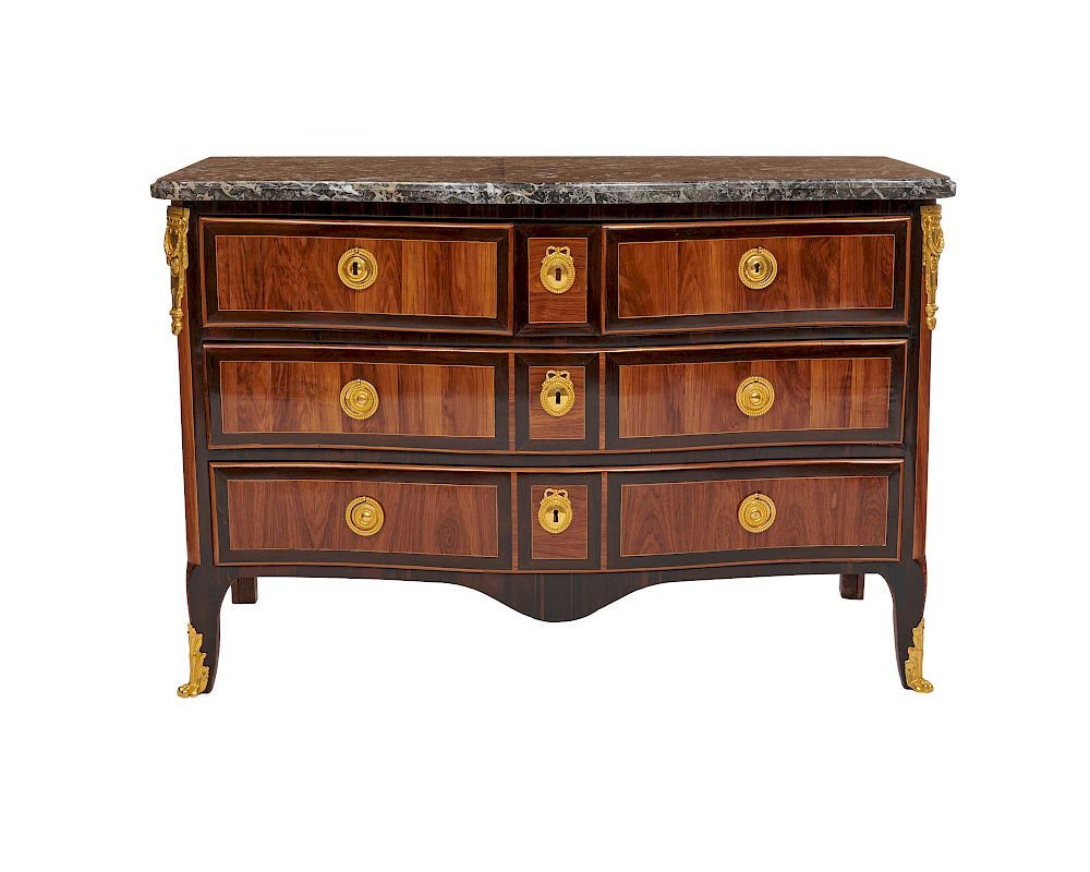 Appraisal: Louis XV Ormolu Mounted Marble Top Fruitwood Inlaid Mahogany Four