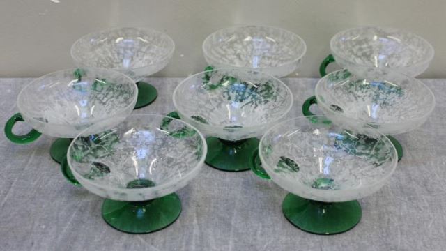 Appraisal: Steuben Etched Green to Clear Glass Compotes From a Queens