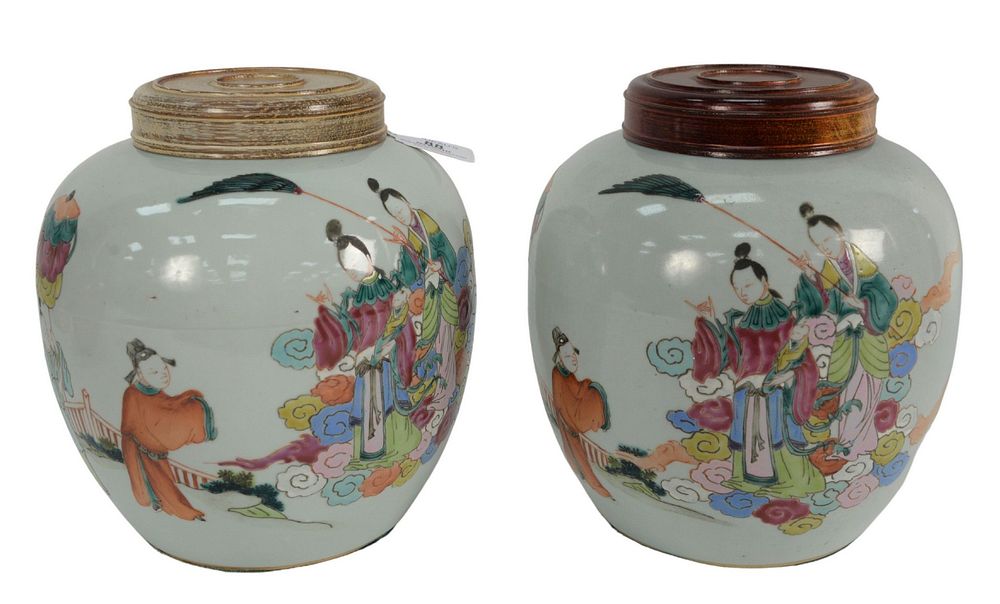 Appraisal: Pair of Covered Chinese Famille Rose Ginger jars with parading