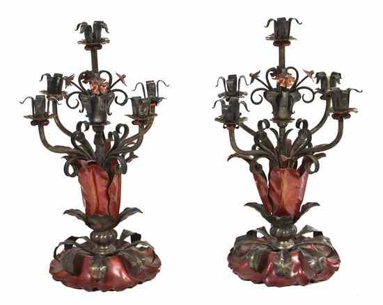 Appraisal: A Pair of Tole Five-Light Candelabra each with floral form