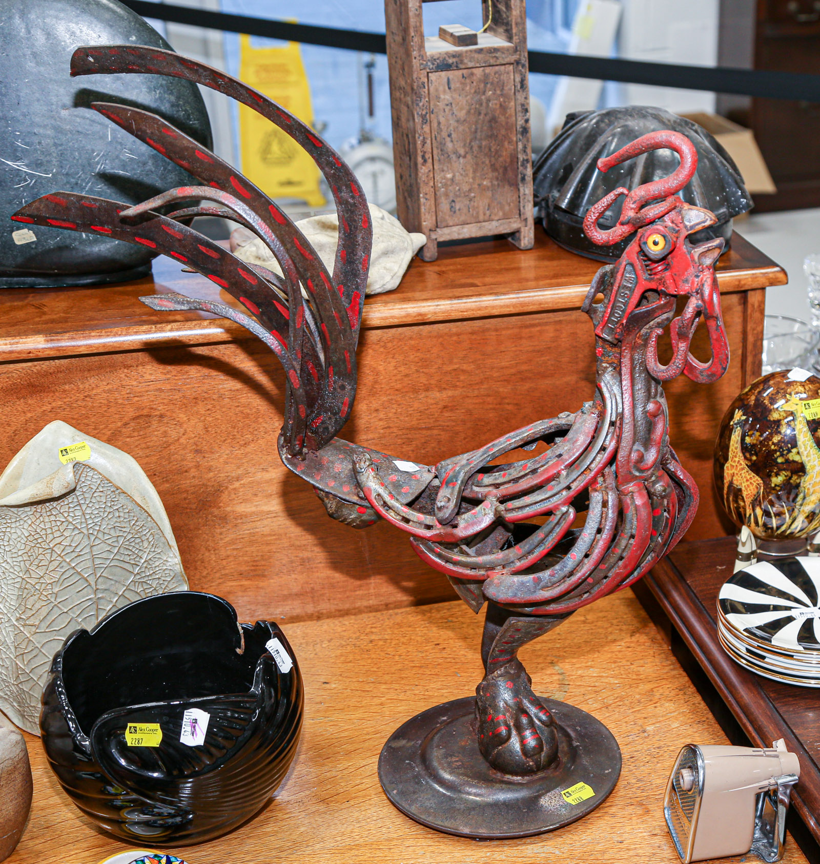 Appraisal: ROBERT MACHOVEC FOLK ART WELDED IRON ROOSTER SCULPTURE Made from