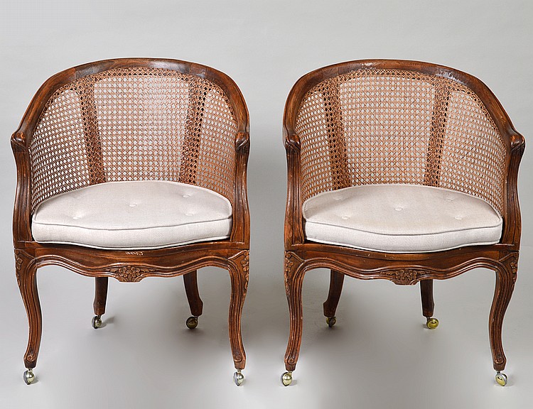 Appraisal: PAIR OF LOUIS XV STYLE CANED OAK TUB CHAIRSModern The