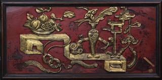 Appraisal: Chinese Red Ground Gilt Wood Panel Chinese gilt wood panel