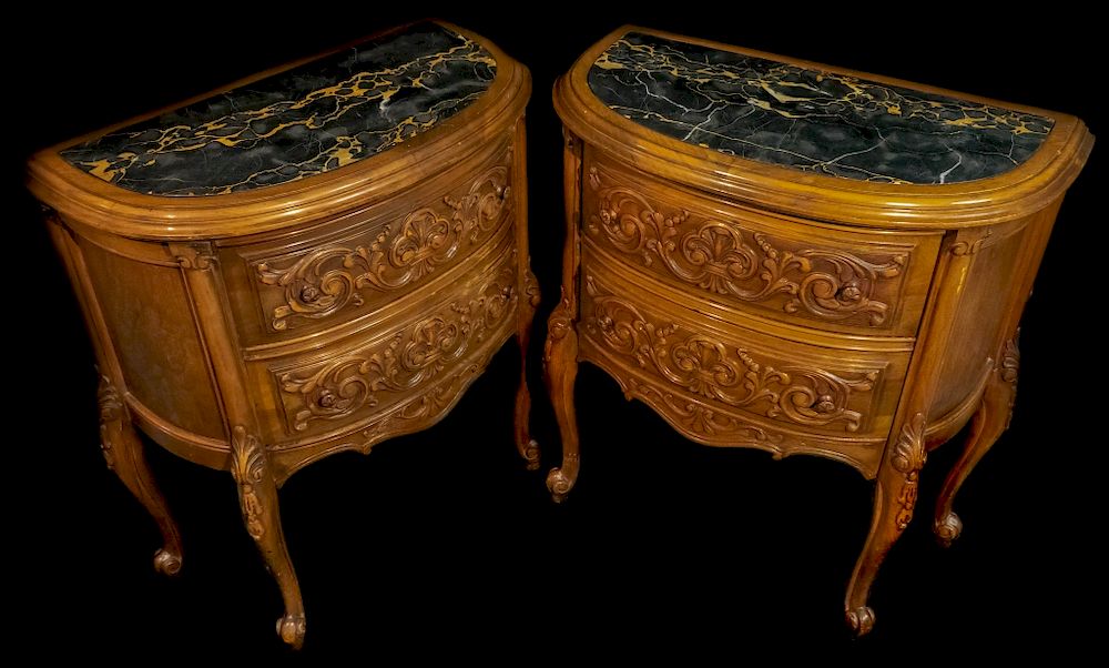 Appraisal: Pair Of Marble Top Demilune Consoles Matching Demi-Lune Two-Drawer Stands