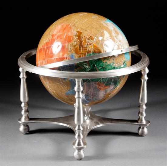 Appraisal: Hardstone inlaid terrestrial globe on aluminum frame inlaid with mother-of-pearl