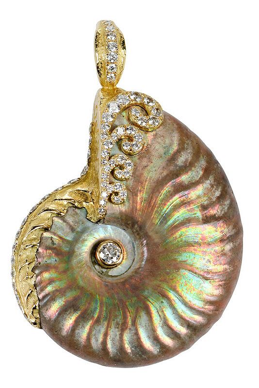 Appraisal: Katy Briscoe kt Diamond and Shell Pendant iridescent nautilus shell