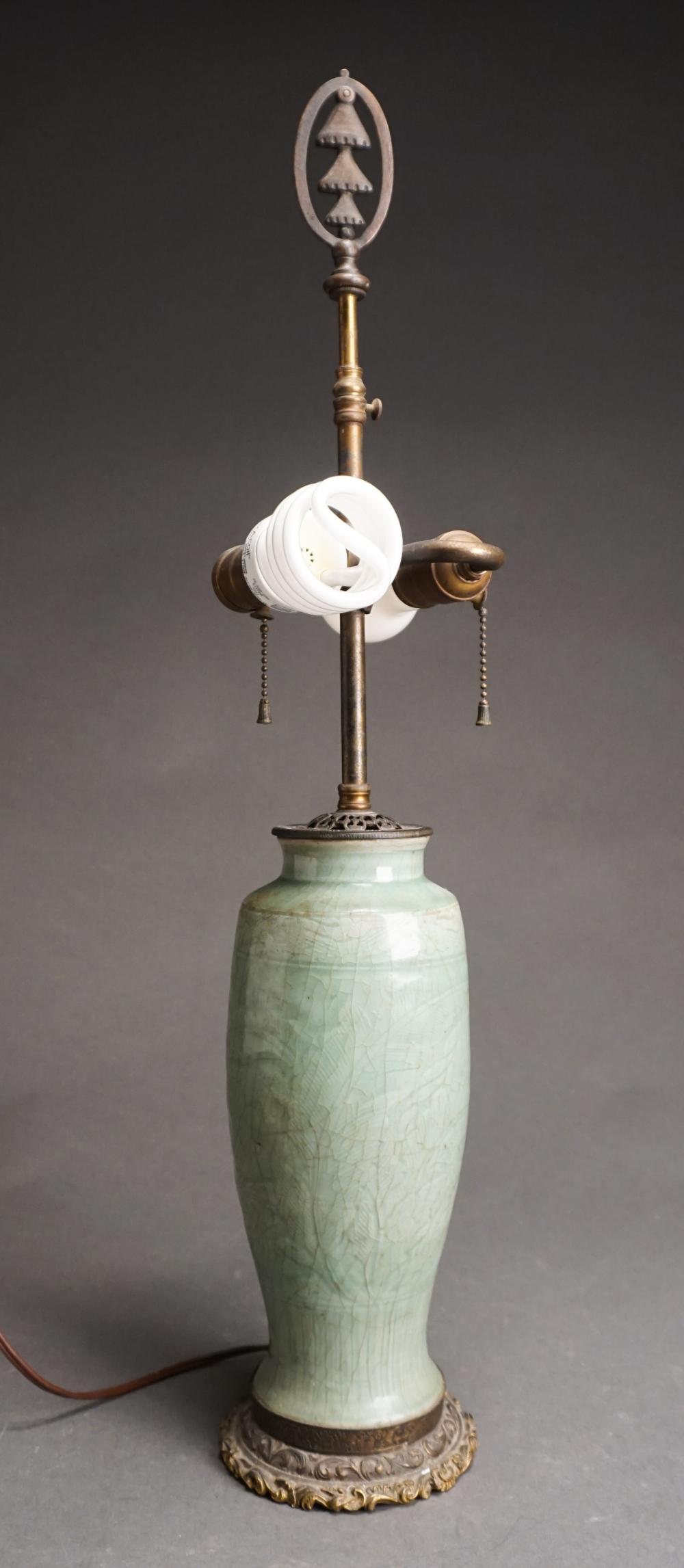 Appraisal: CHINESE CELADON GLAZED VASE MOUNTED AS LAMP H IN CM