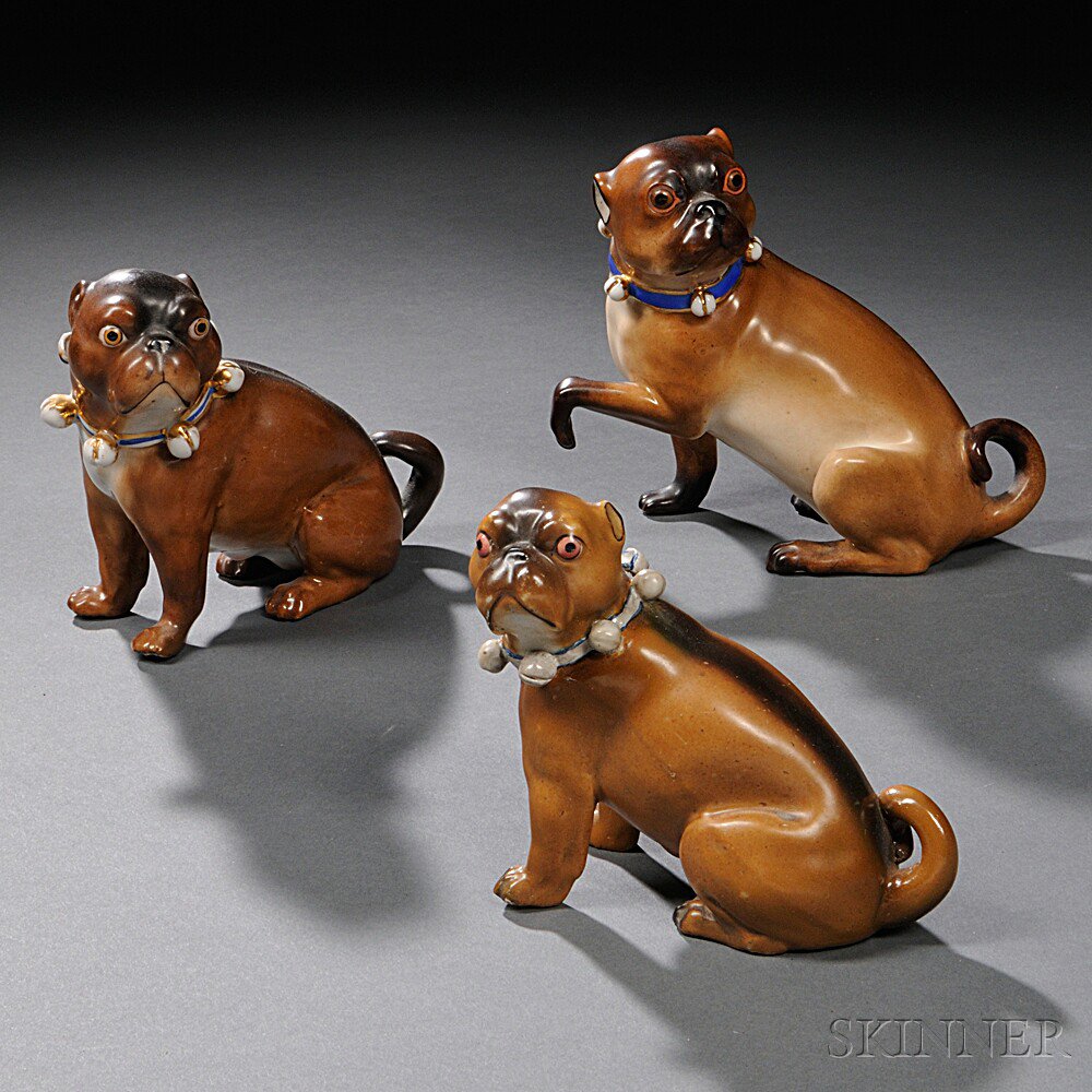 Appraisal: Three Meissen-type Porcelain Pug Dog Figures late th early th