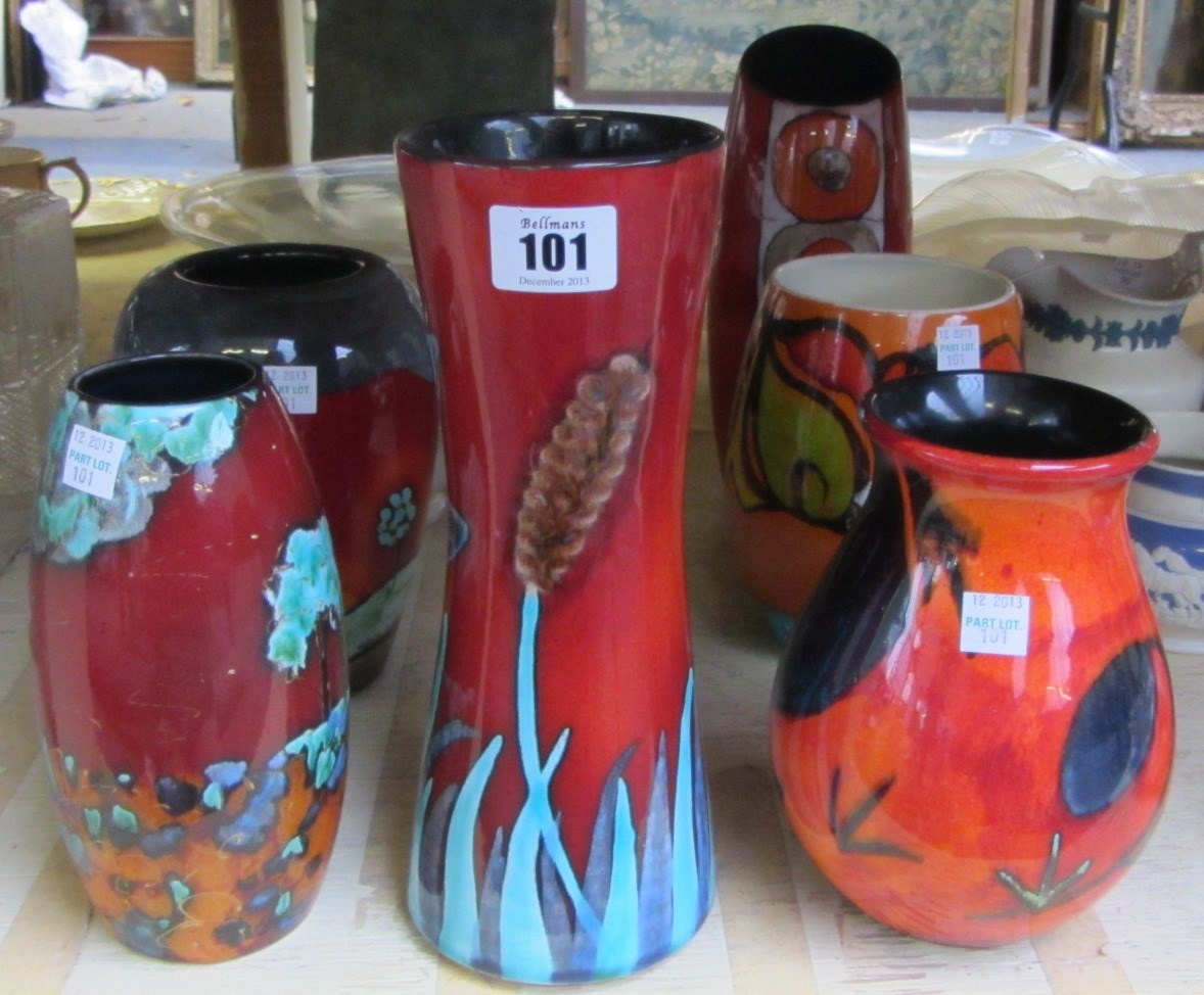 Appraisal: Six Poole pottery vases and a pedestal bowl two by