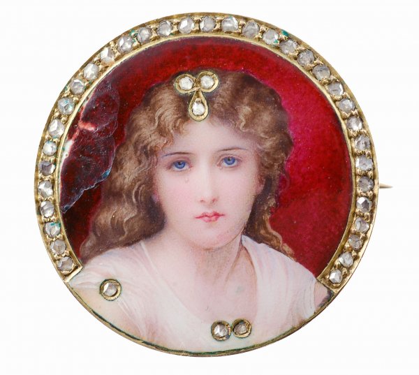 Appraisal: Enamel portrait pin of lady Yellow gold with rose cut