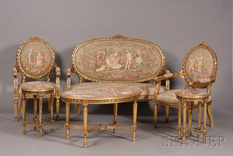 Appraisal: Suite of Louis XVI Style Giltwood and Faux Tapestry Upholstered