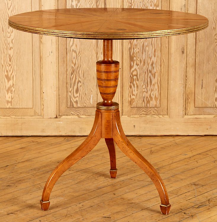 Appraisal: YEW WOOD CENTER TABLE LABELED BAKER TRIPOD LEGS A yew