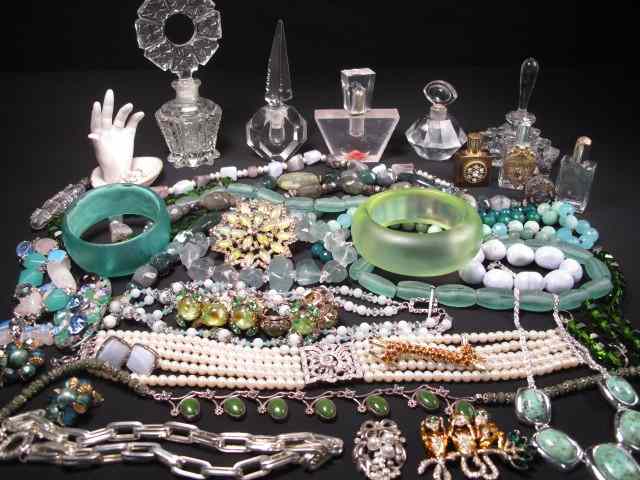 Appraisal: Tray lot of assorted costume jewelry perfume bottles and more