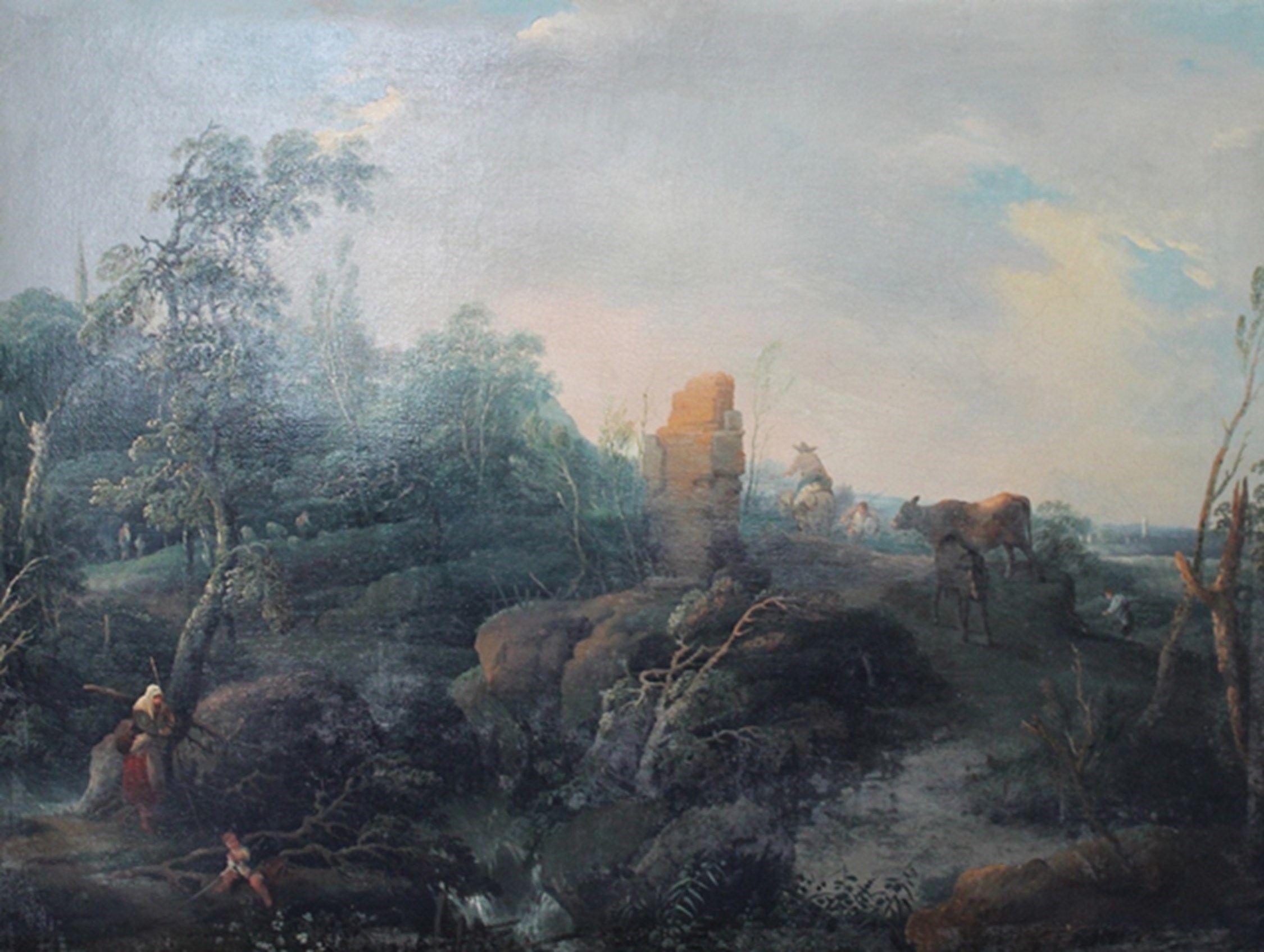 Appraisal: Attributed to Jean-Baptiste-Chales Claudot - Travellers and cattle in a