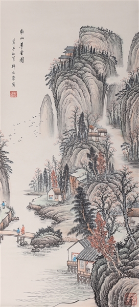 Appraisal: Chinese ink and color on paper painting of riverscape with