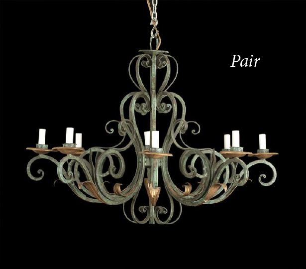 Appraisal: Pair of Spanish Provincial-Style Verdigris Iron Eight-Light Chandeliers the scrolling