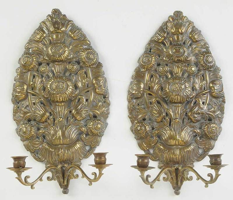 Appraisal: Pair of th Century Brass Wall Sconces Continental stamped brass