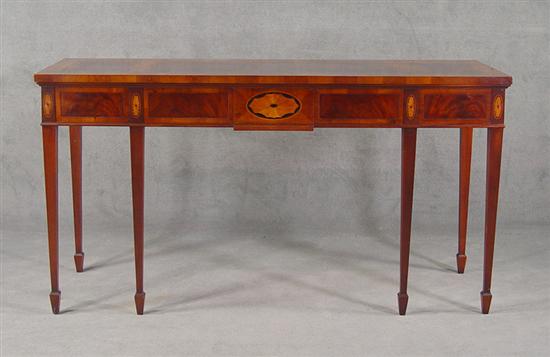 Appraisal: Burl Mahogany Inlaid Sofa Table Late th Century Tapered legs