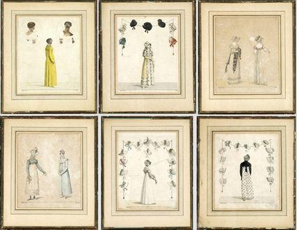 Appraisal: Six Early th-C Fashion Prints Hand-colored engravings matted each approx