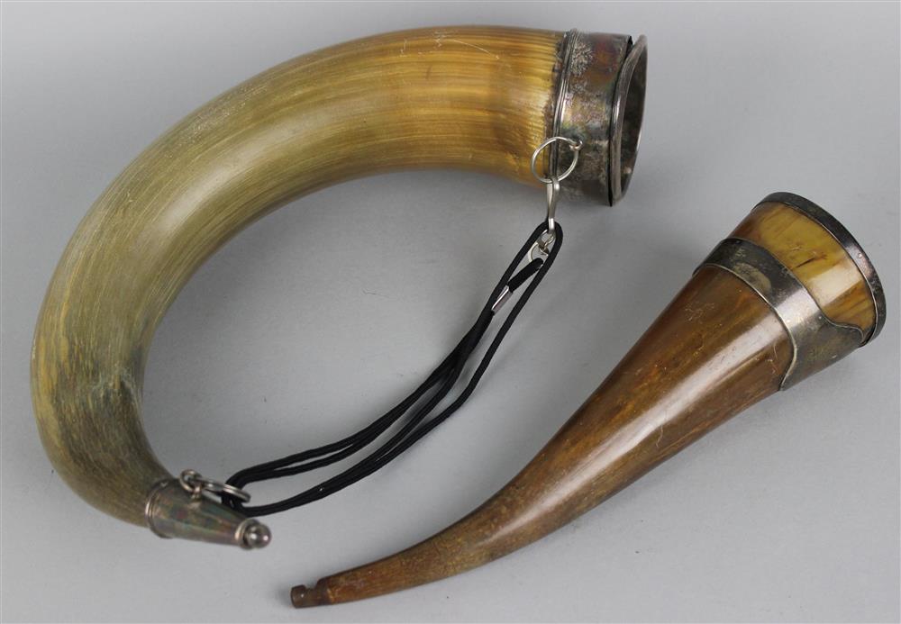 Appraisal: TWO CONTINENTAL SILVER MOUNTED HORNS circa the first a drinking