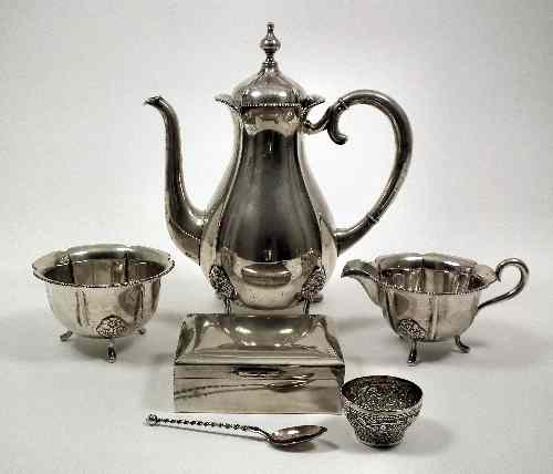 Appraisal: A Norwegian silvery metal three piece coffee service of th