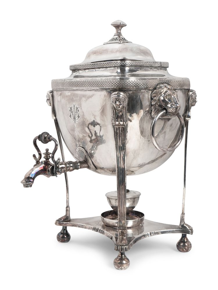 Appraisal: A Regency Style Silverplate Tea Urn Height x width inches