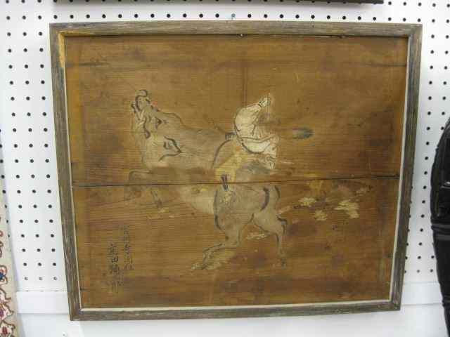 Appraisal: Japanese Votive Tablet Edo periodman riding on a boar stabbing