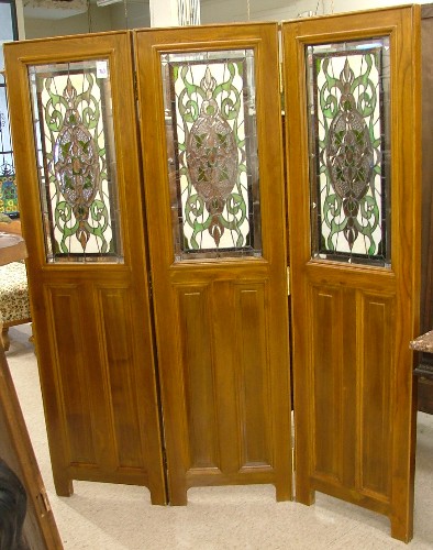 Appraisal: THREE-PANEL FLOOR SCREEN the upper half of each panel featuring