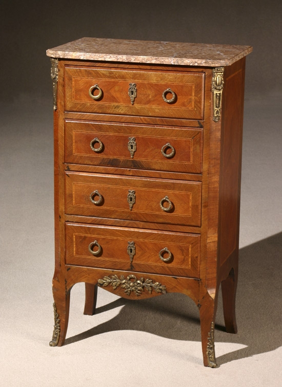 Appraisal: Louis XV-XVI Style Ormolu Mounted Parquetry Kingwood and Tulipwood Petite