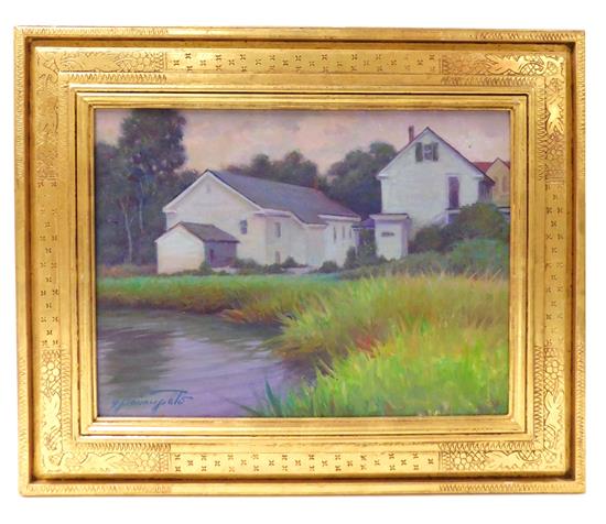 Appraisal: Village Church oil on board depicts white Colonial style buildings